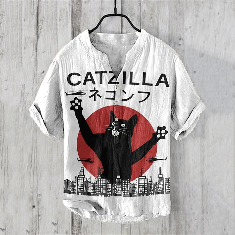 Abstract Creative Catzilla In The City Japanese Art  Pattern Linen Blend Shirt