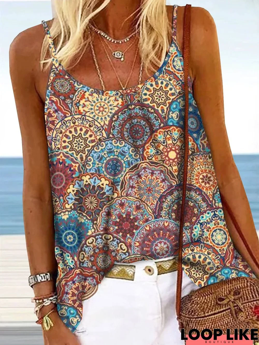 Geometric Tribal Floral Printed Vacation Boho Casual Loosen Spaghetti Tank & Cami