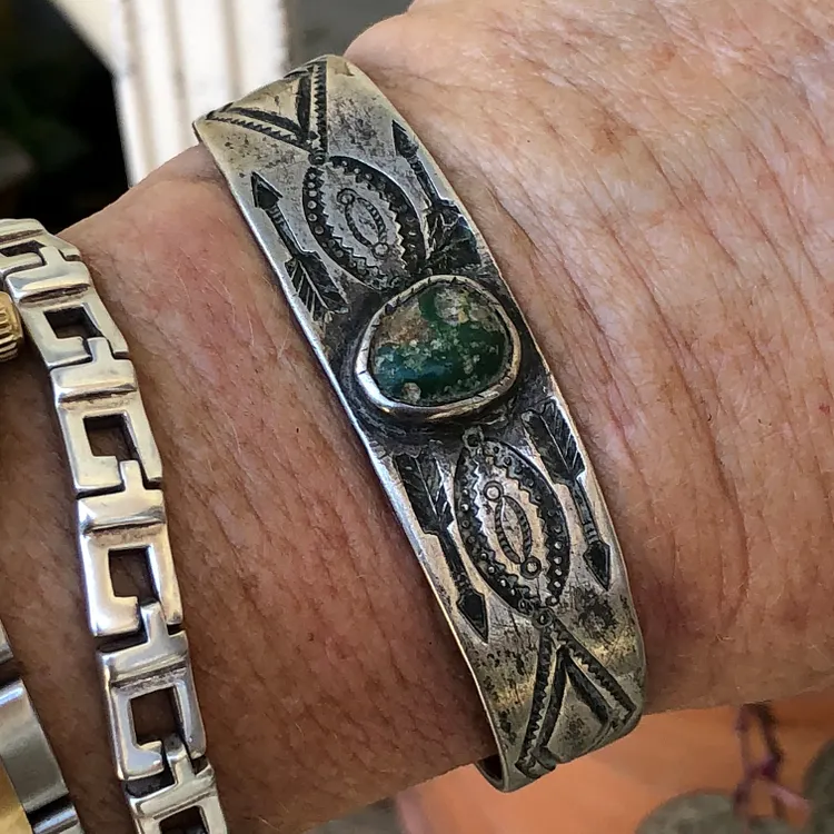Early Navajo Stamp Decorated Cuff Bracelet with Green Hachita Mine Turquoise