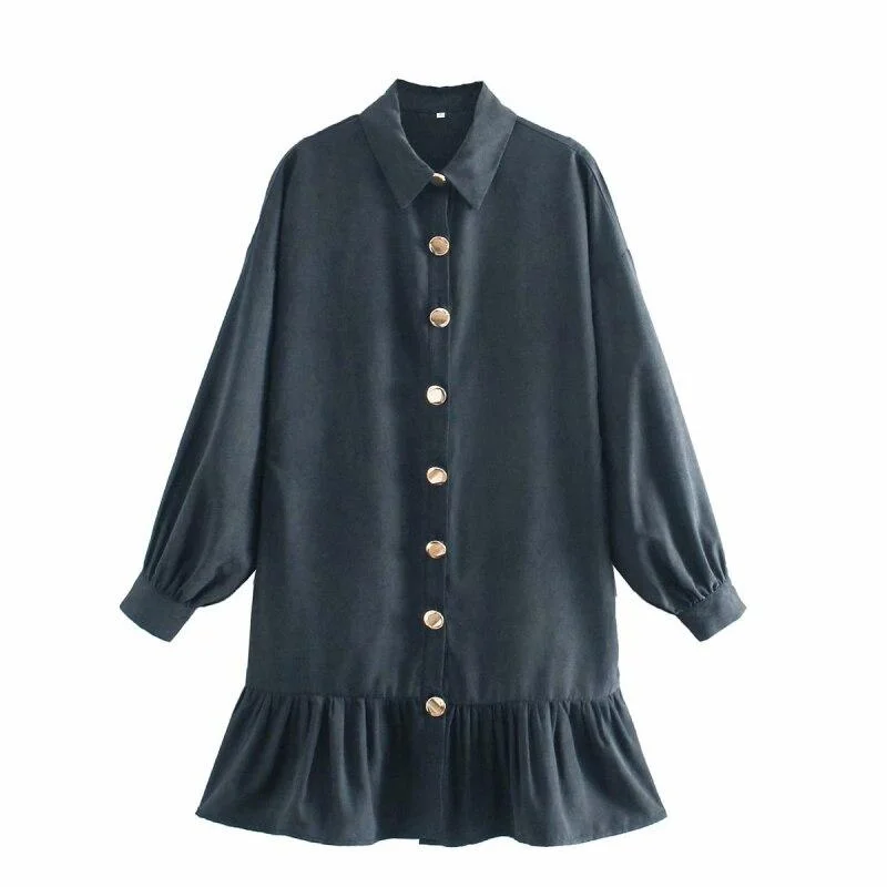 PUWD Casual Woman Loose Navy Blue Ruffles Shirt Dresses 2021 Spring Fashion Ladies Soft Mini Dresses Female Elegant Button Dress