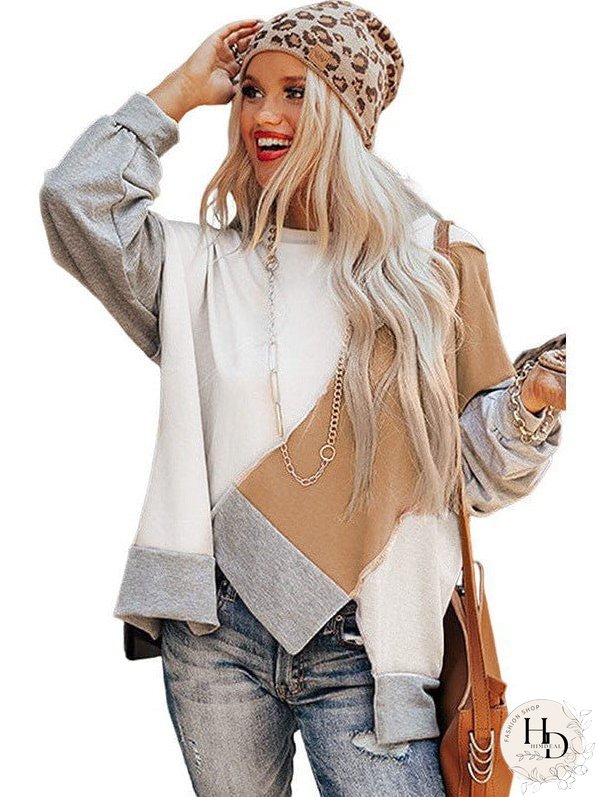 Knit Sweatshirt With Irregular Color Blocking - Women'S Loose Fit Long Sleeve Top