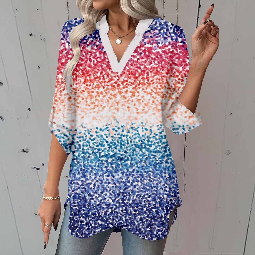Women Blue, Red, Patchwork DZGA0060 3/4 Sleeve V-neck Printed Graphic Button Tops