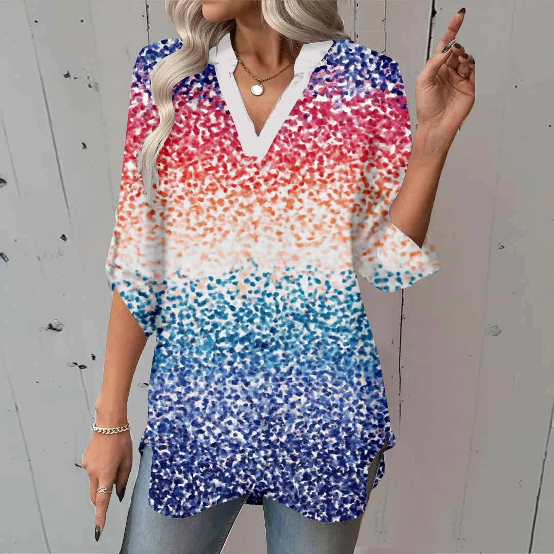Women Blue, Red, Patchwork DZGA0060 3/4 Sleeve V-neck Printed Graphic Button Tops