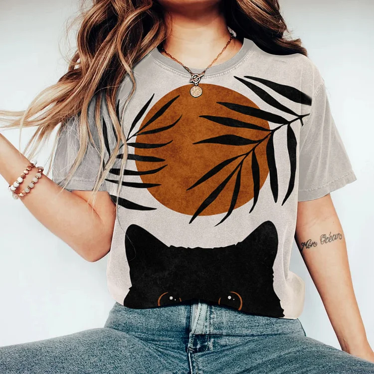 Abstract Cute Cat Plant Painting Art T-Shirt