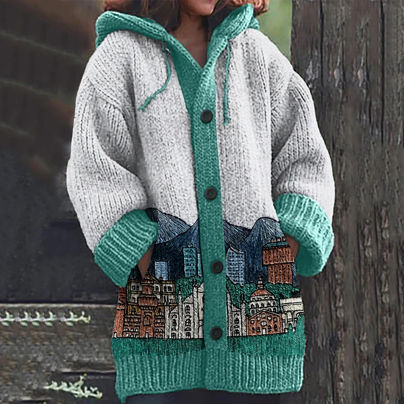 Cardigan lavorato a maglia con ricamo di paesaggio italiano