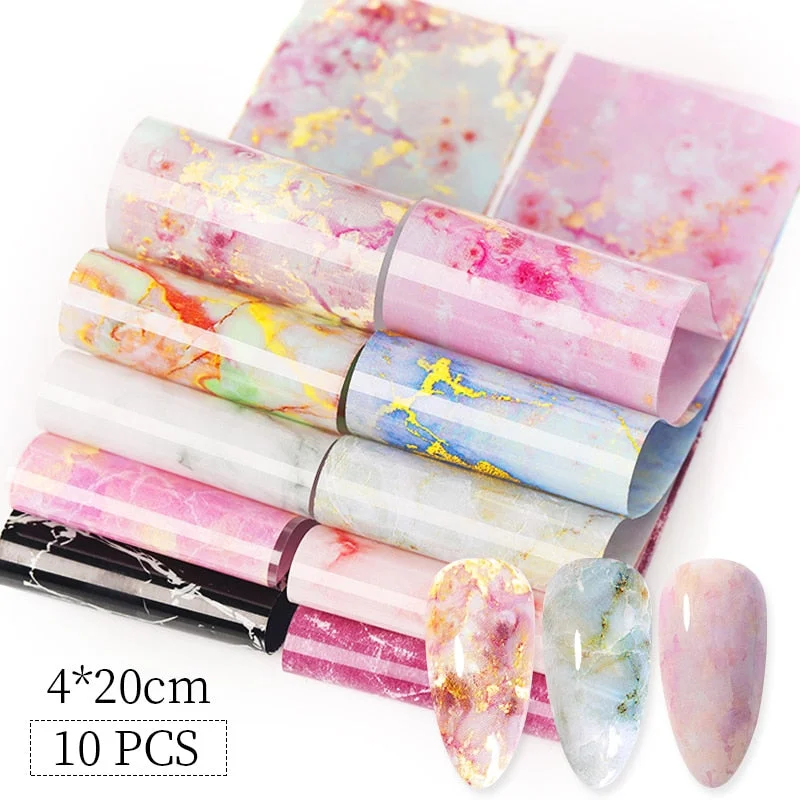 10Pcs/Bag Marble Nail Art Transfer Foil Sticker Flower French Tip Wraps Adhesive Decals Nails Decoration Manicures Accessories