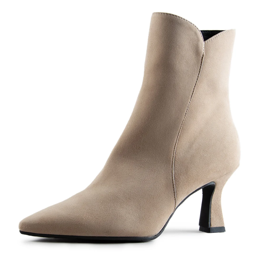 Faux Suede Pointed Side-Zip Closure Flared Heel Ankle Boots in Gray