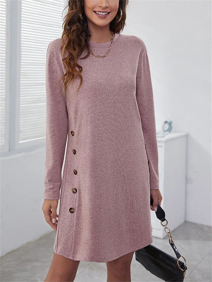 Casual Loose Solid Color Pullover Round Neck Button Embellished Long Sleeve Women's Dresses Women's Midi Dresses