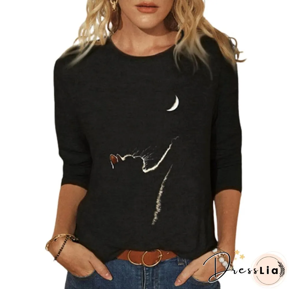 Cute Cat Print Long Sleeved Womens Shirt Spring Autumn Casual