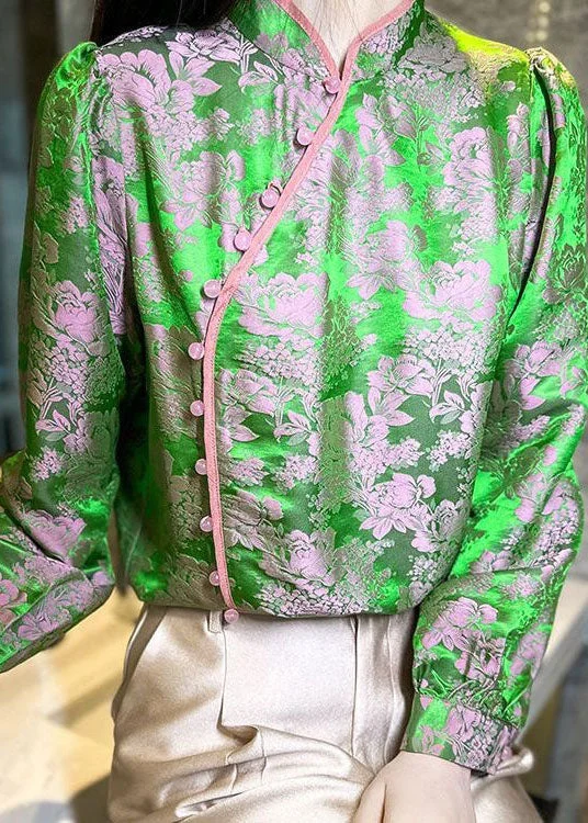 Chinese Style Green Jacquard Oriental Button Patchwork Silk Shirts Spring