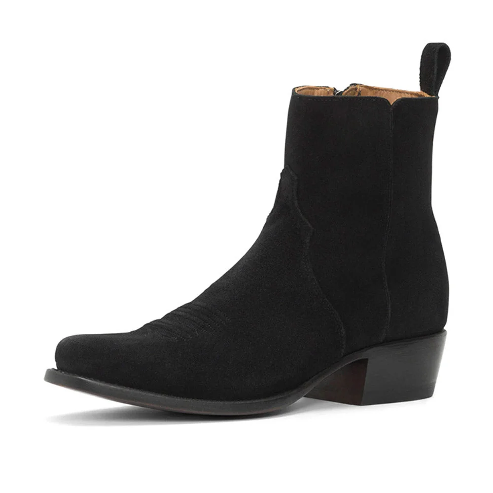 Black Vegan Suede Chunky Heel Square Toe Zipper Booties for Women