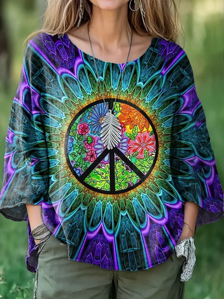 Women's Floral Hippie Art Print Casual Cotton and Linen Shirt
