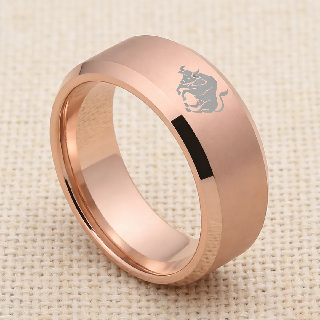Mens Womens Rose Gold Taurus Tungsten Carbide Rings Rose Gold Edges and Laser Etched Wedding Bands Comfort Fit 4MM 6MM 8MM