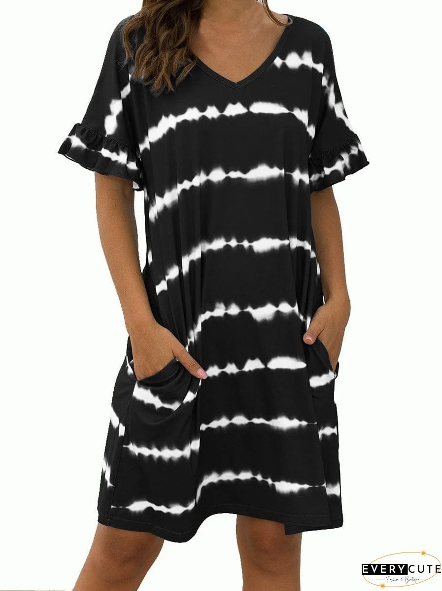 Fashionable Printed Loose Fit And Sweet Stitching Mini Dress - V-Neck - Circular Cap
