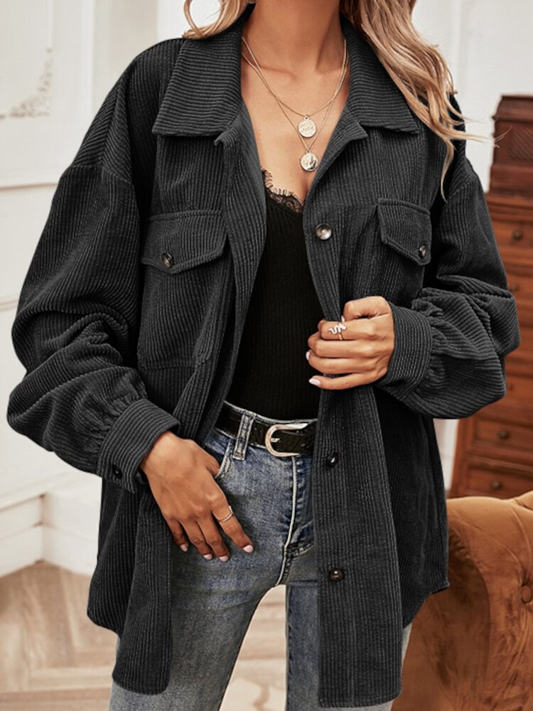 Solid Corduroy Loose Pocket Button Lapel Long Sleeve Jacket - Shop Trendy Women's Clothing | LoverChic