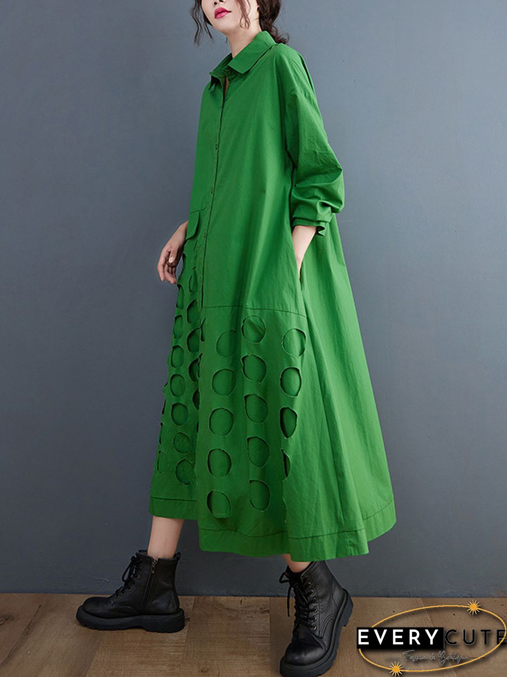 A-Line Long Sleeves Asymmetric Hollow Polka-Dot Solid Color Lapel Midi Dresses