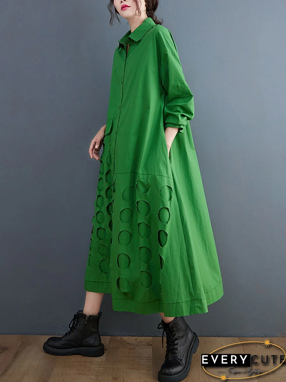 A-Line Long Sleeves Asymmetric Hollow Polka-Dot Solid Color Lapel Midi Dresses