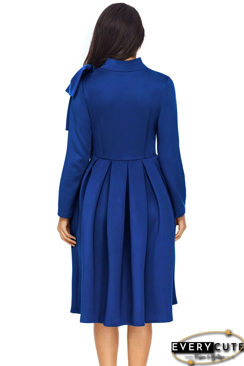 Royal Blue Bowknot Embellished Mock Neck Pocket Dress