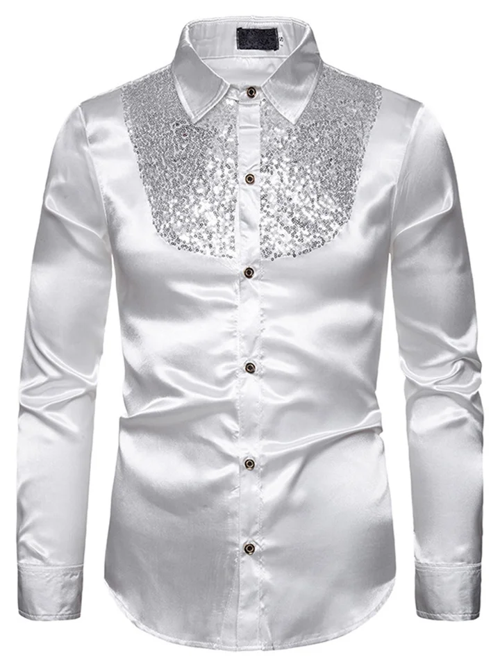 Men's Prom Shirt Disco Shirt Satin Silk Shirt Black White Red Long Sleeve Plain Collar Performance Wedding Clothing Apparel Sequins-Cosfine