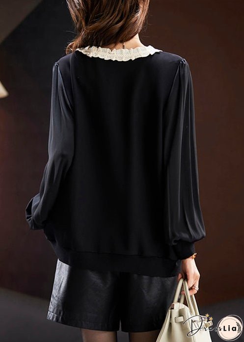 Italian Black V Neck Lace Patchwork Chiffon Tops Spring