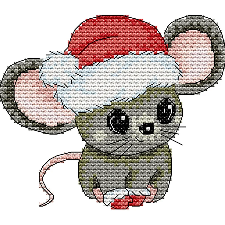 Christmas Hat Mouse - Printed Cross Stitch 14CT 16*15CM