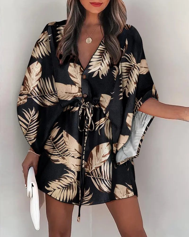 Leaf Print Button Front Drawstring Casual Dress  LILYELF