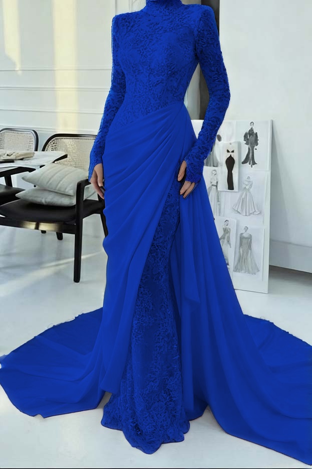 Lussooy Glamorous Burgundy Lace High Neck Long Sleeves Evening Dress With Appliques
