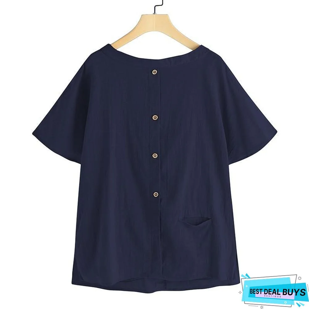 Oversized Vintage Cotton Tops Women Blouses Short Sleeve Buttons Casual Shirts Pockets Loose Tops
