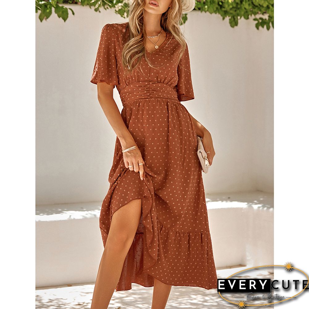 Rust Red Swiss Dot V Neck Casual Dress