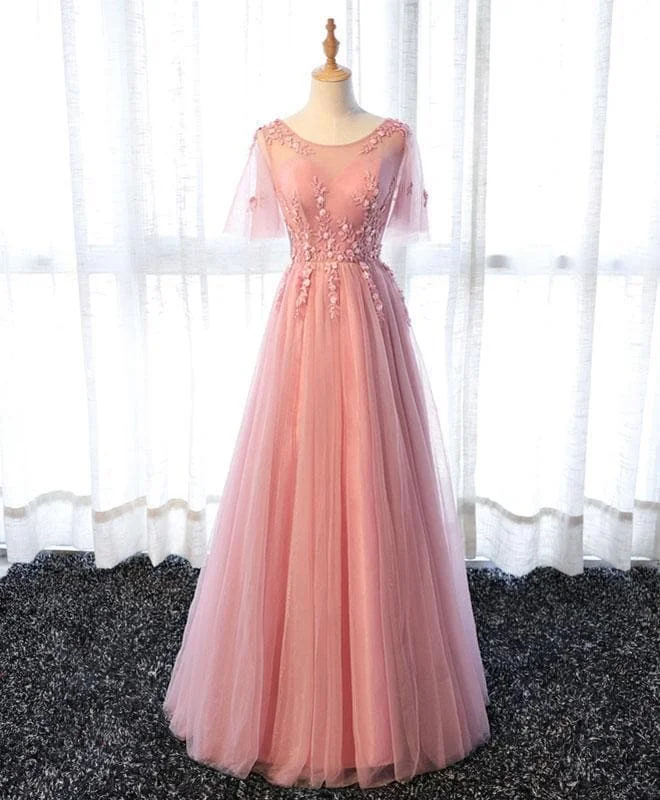 Pink A Line Tulle Lace Long Prom Dress, Lace Evening Dress