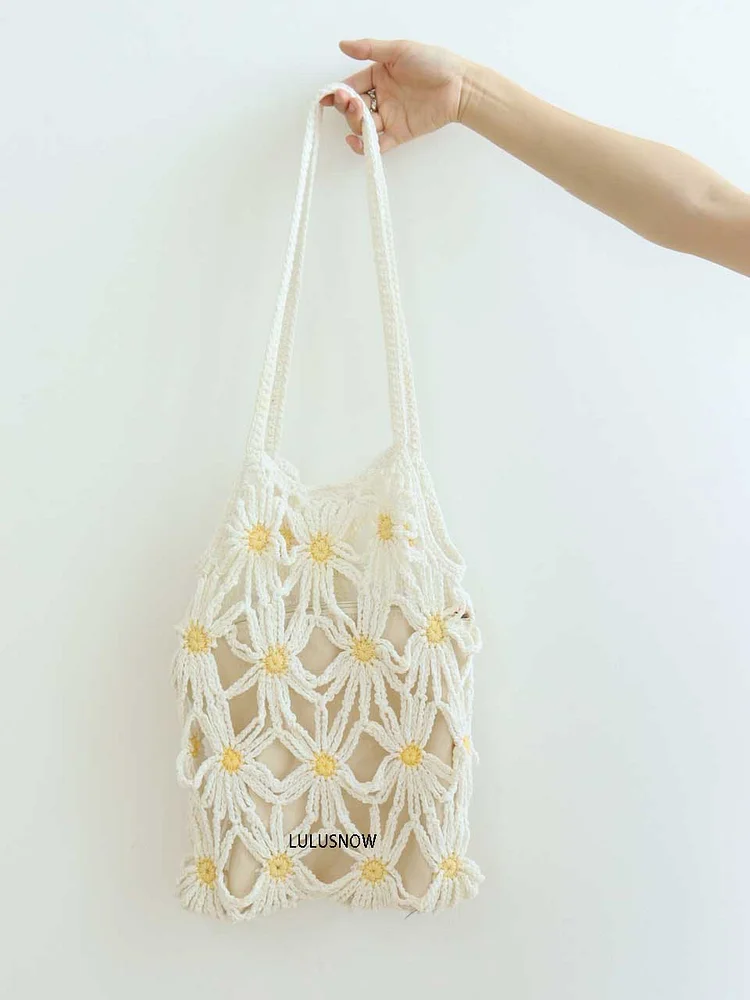 Lulusnow Handmade White Daisy Beach Summer Bag Crochet Shoulder Bag  Minimalist Lifestyle Gift For Her