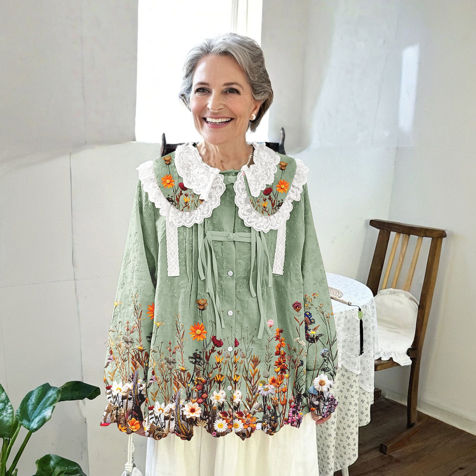 Women Printed Long Sleeve Round-neck  Cute Collar Shirts Blouses Green