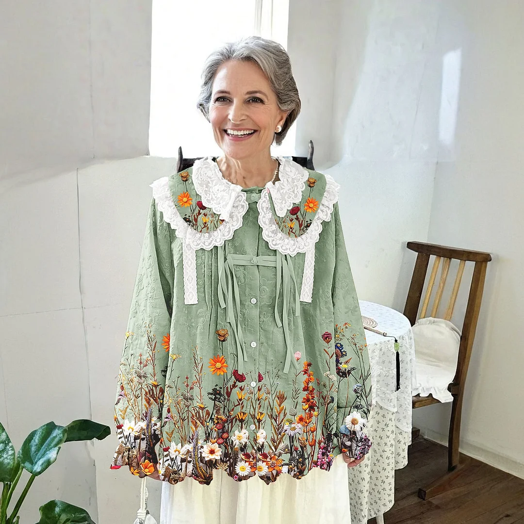 Women Printed Long Sleeve Round-neck  Cute Collar Shirts Blouses Green