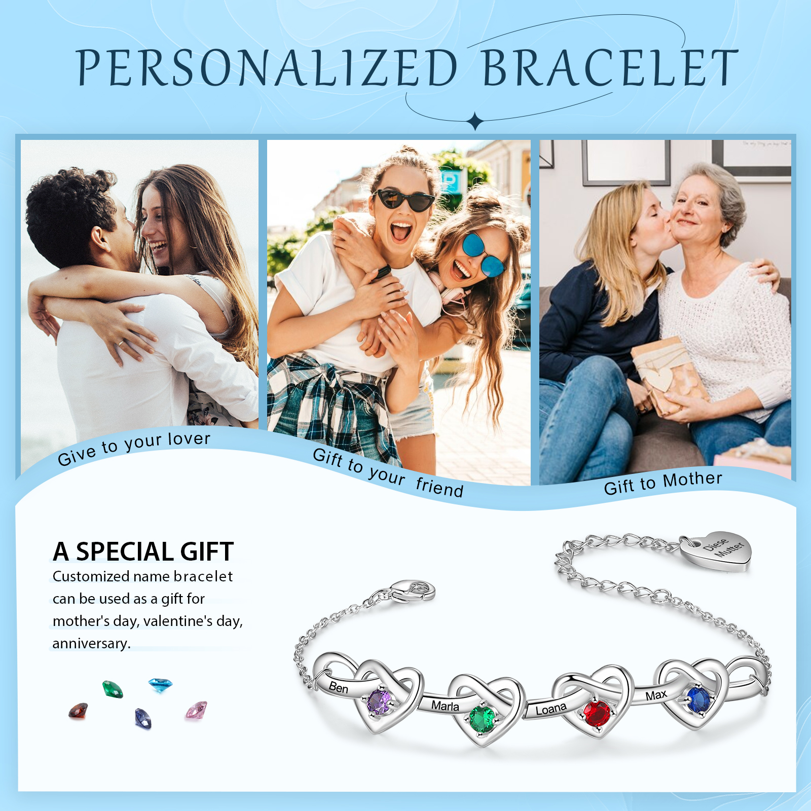 4 Names - Personalized Linked Heart Bracelet Custom 4 Birthstones Engraved Text Bracelets- Mother's Day Gift for Mom/Grandma