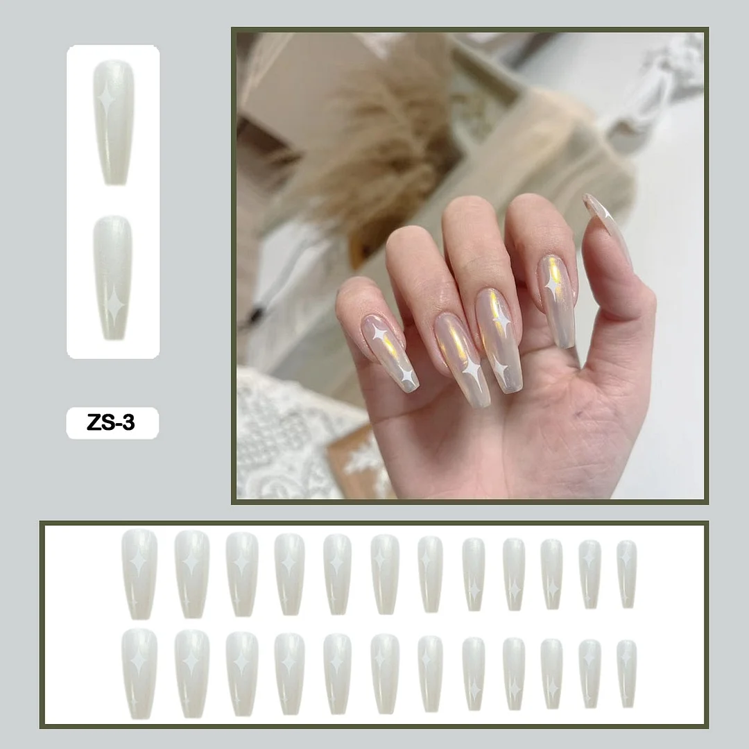 24PCS False Nails with Glue Rhinestones Long Trapezoid Detachable Pearl Stick on Nails Press on Nails Art With Wearing Tools-Nail Inspo