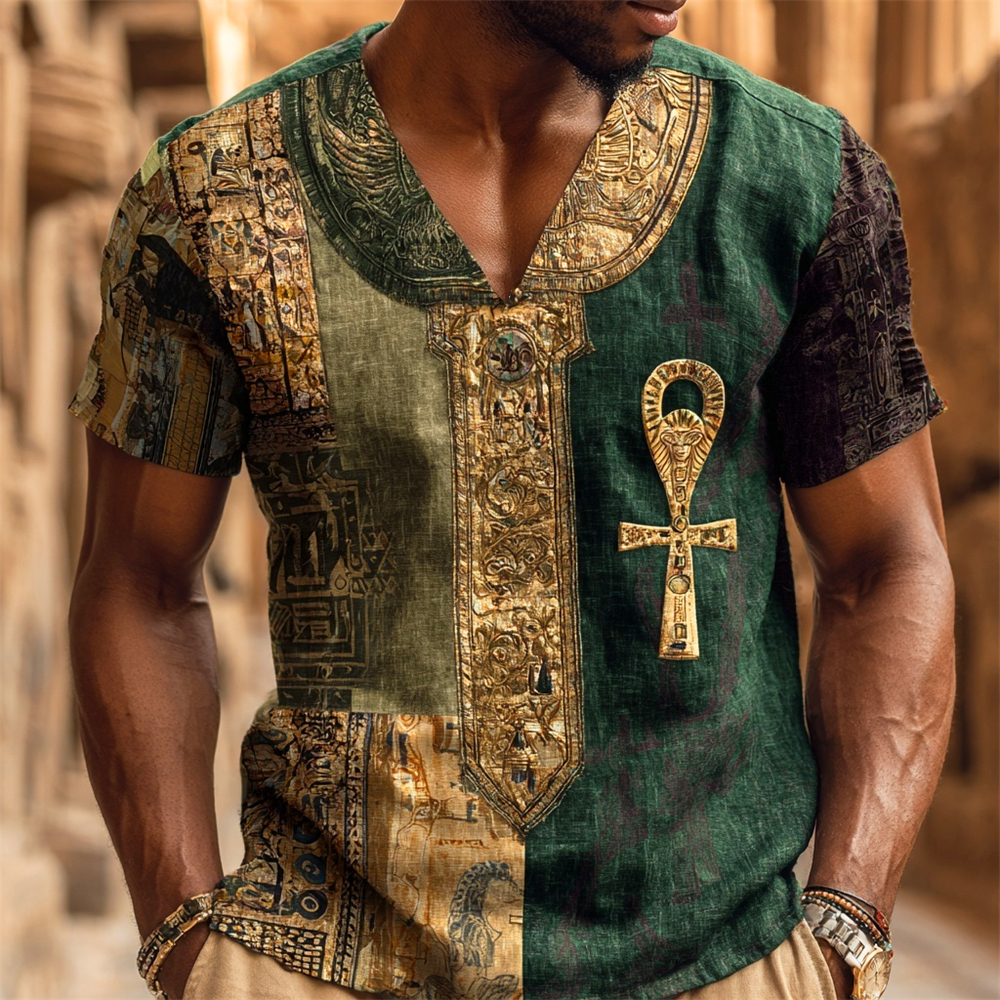 Comstylish Egyptian Vintage Ankh Pattern Color Blocked Men's Linen V-neck Shirt