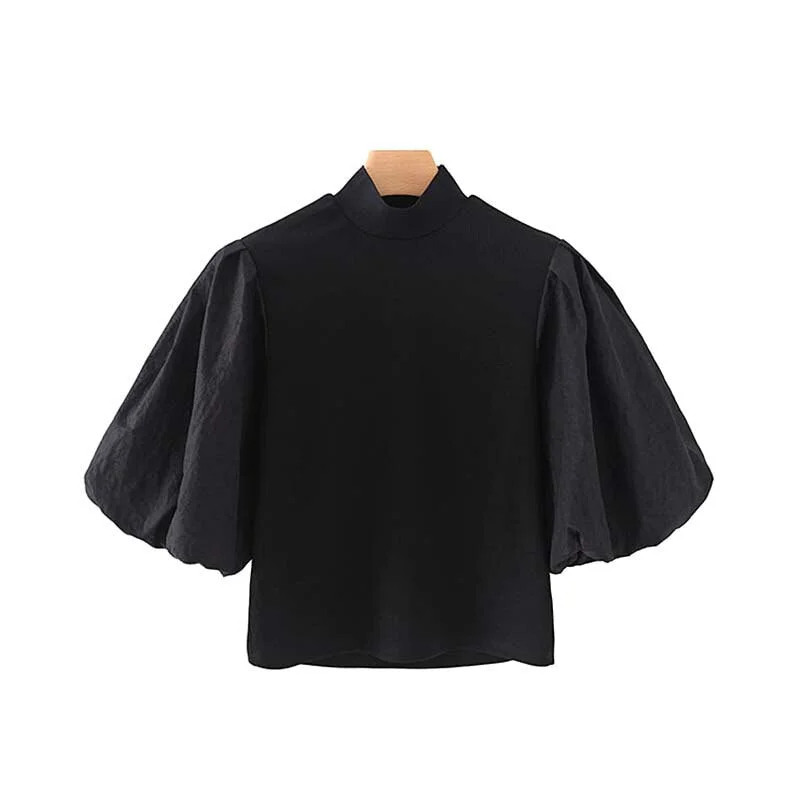TRAF Women Vintage Elegant Office Wear Patchwork Cropped Blouses Fashion Stand Collar Lantern Sleeve Female Shirts Chic Tops