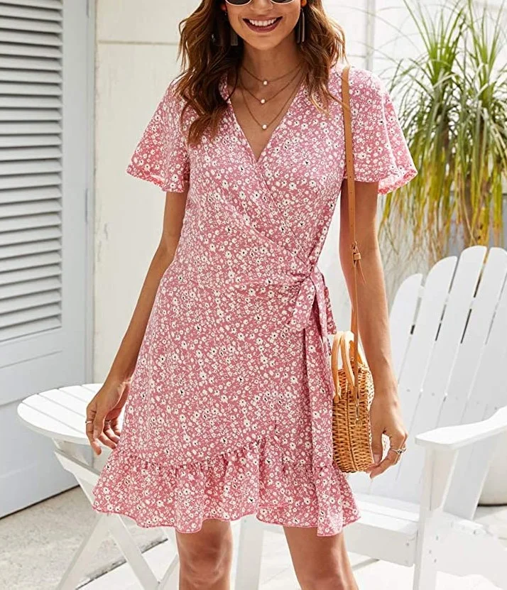 Women's Summer Wrap V Neck Polka Dot Print Ruffle Short Sleeve Mini Floral Dress with Belt