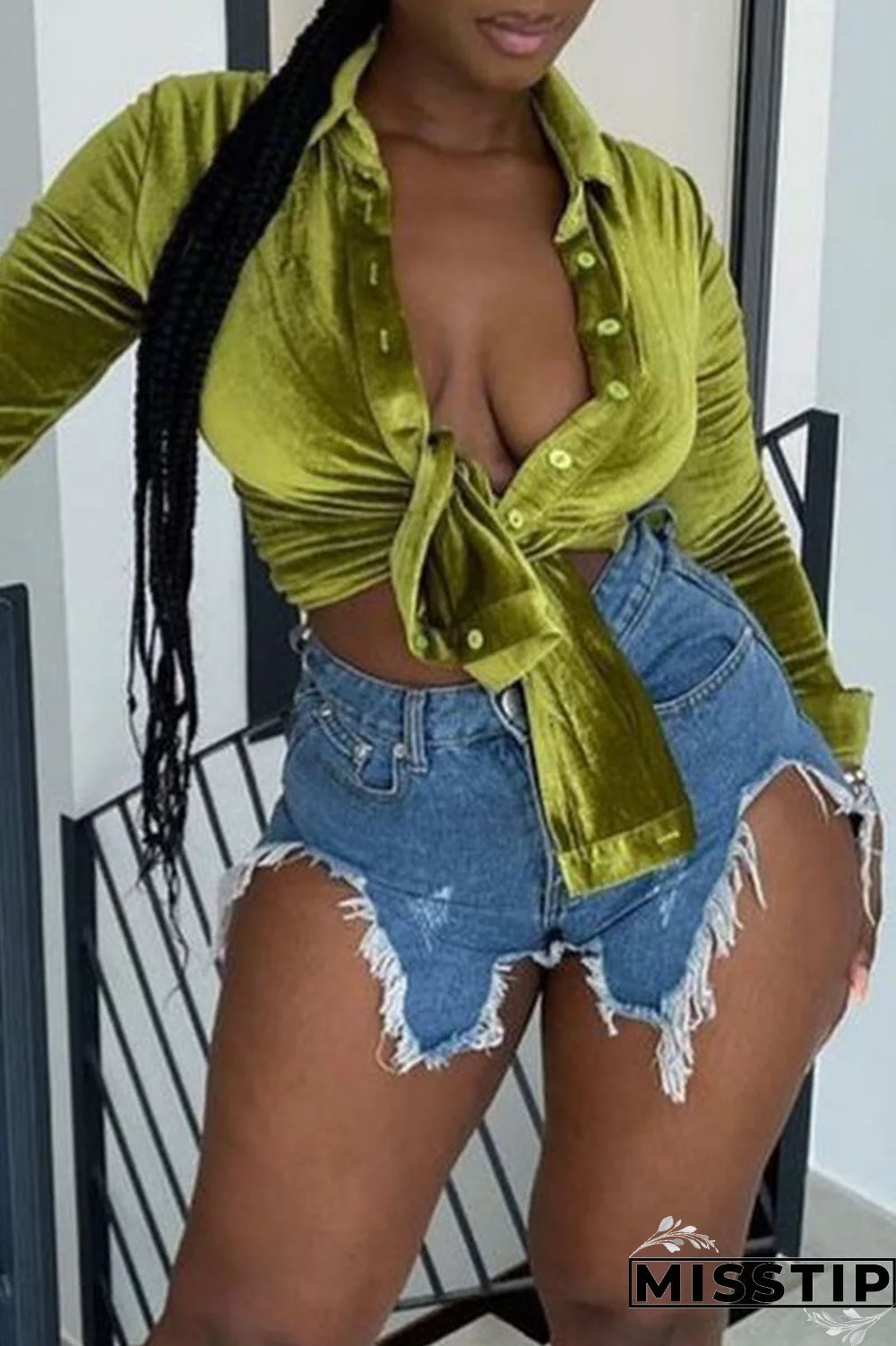 Fluorescent Green Casual Solid Patchwork Buckle Turndown Collar Tops