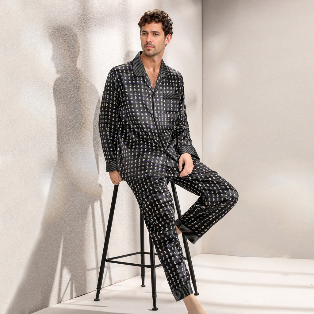 100% Silk Pajamas for Men Printed Long Sleeves REAL SILK LIFE
