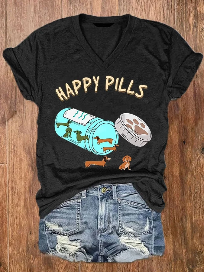 Women's Funny Happy Pills Dachshund Dog Lover V-Neck Tee
