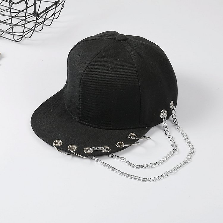 -Street Punk Trend Ring Hoop Pin Rivet Flat Brim Hat-Yamamoto Diablo Clothing