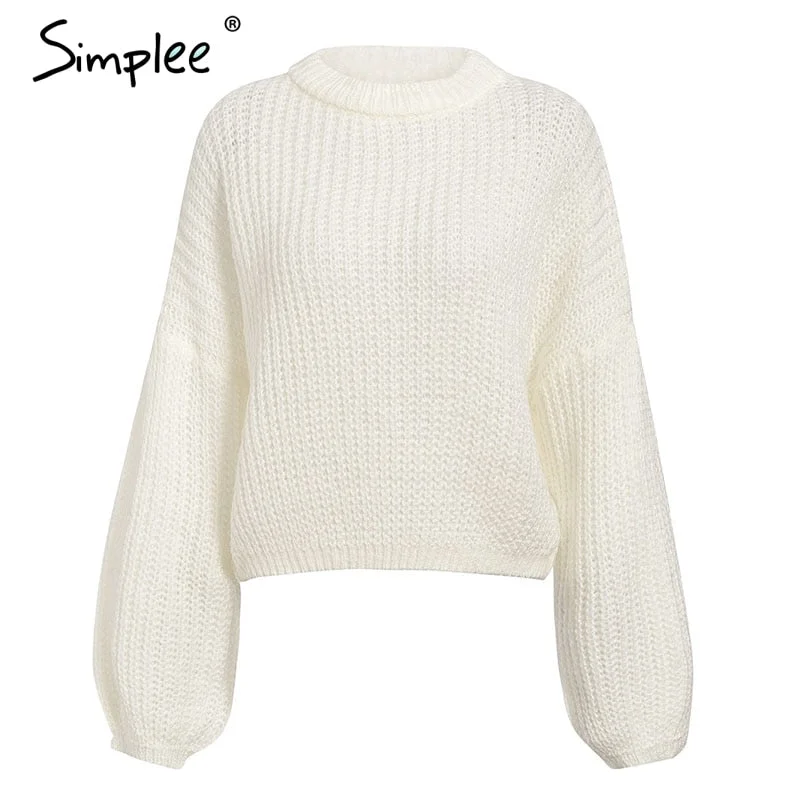 Simplee Winter lantern sleeve knitted sweater pullover Women loose O-neck solid sweater Female autumn casual sweater jumper new