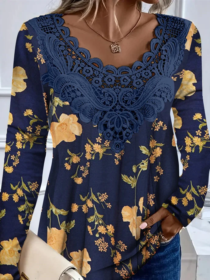 Women's Long Sleeve Scoop Neck Floral Printed Lace Stitching Top