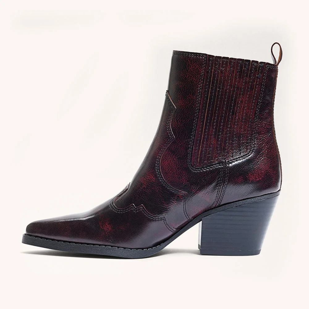 Women's Pointed Toe Chunky Heel Stitching Short Cowgirl Boots in Maroon