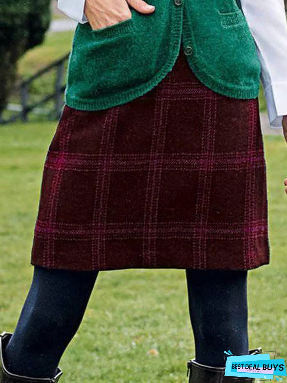 Multicolor Cotton-Blend Plaid Casual Skirt