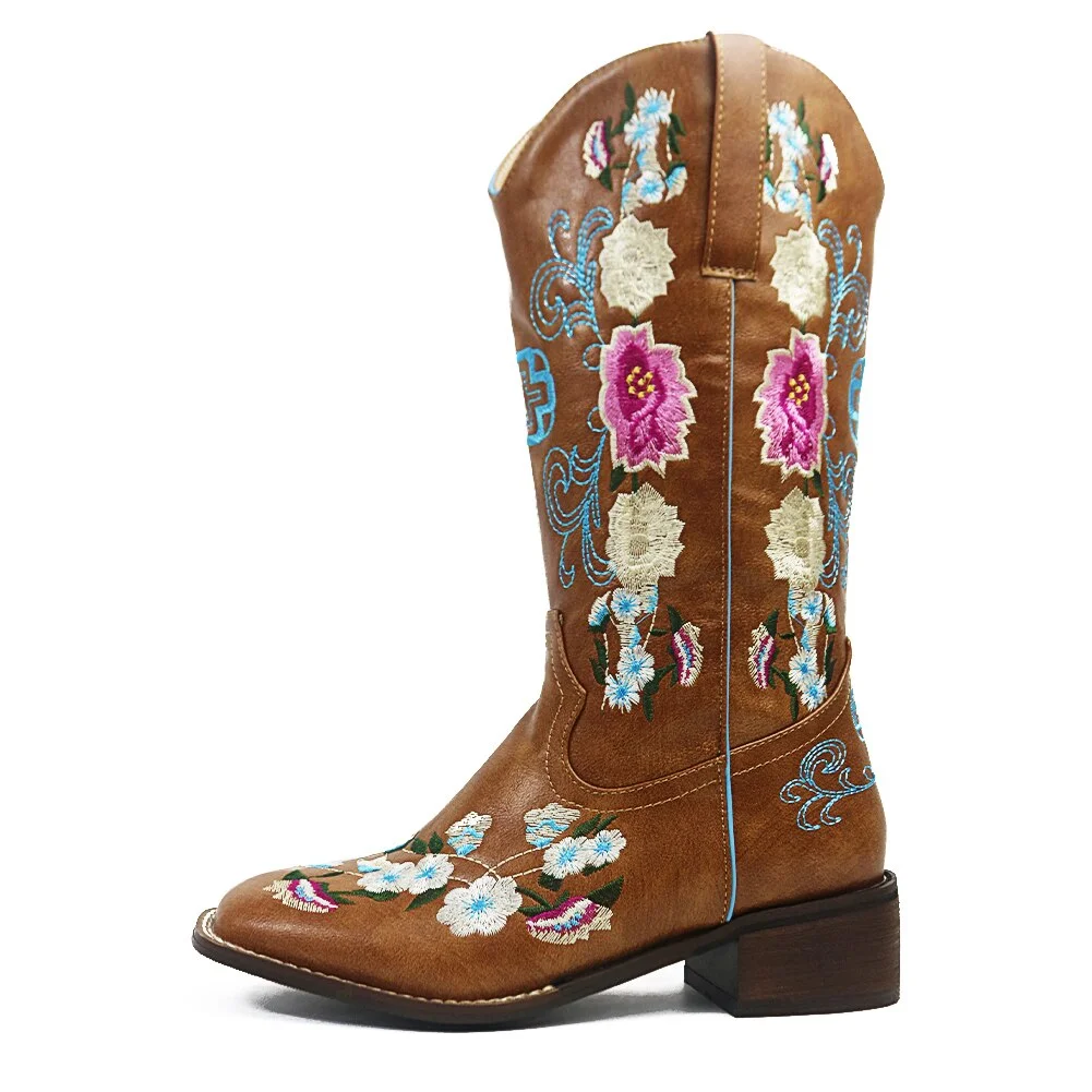 Qengg Size 48 Cowboy Women's Rose Embroidered Western Knee High Boots For Women Stacked Heel Floral Platform Shoes Square Toe