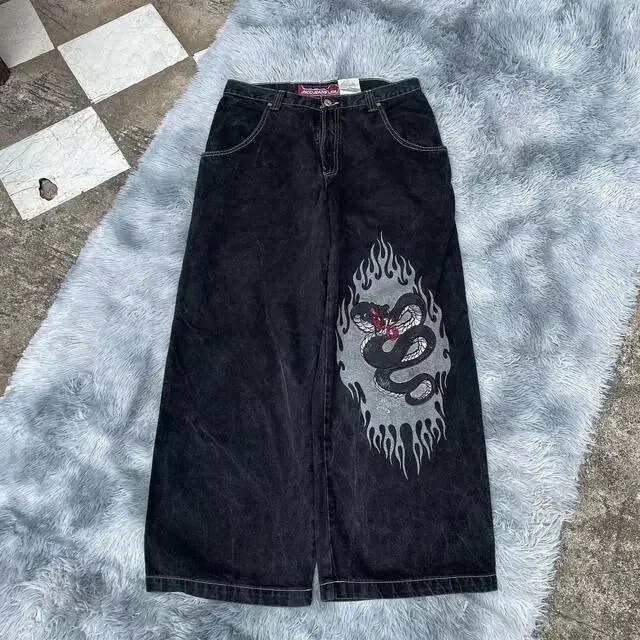 Spontork Retro Skull Graphic Embroidered JNCO Jeans New Harajuku Hip Hop Baggy Jeans Denim  Pants Men Women Goth High Waist Wide Trousers Pants