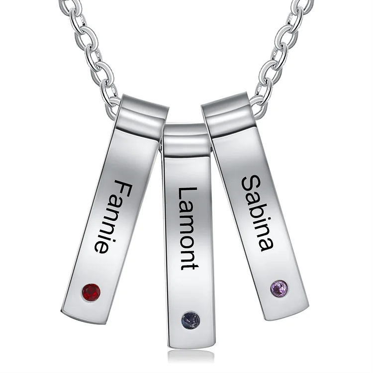 Personalized Bar Necklace Custom 3 Birthstones and Names Charm Necklace for Family