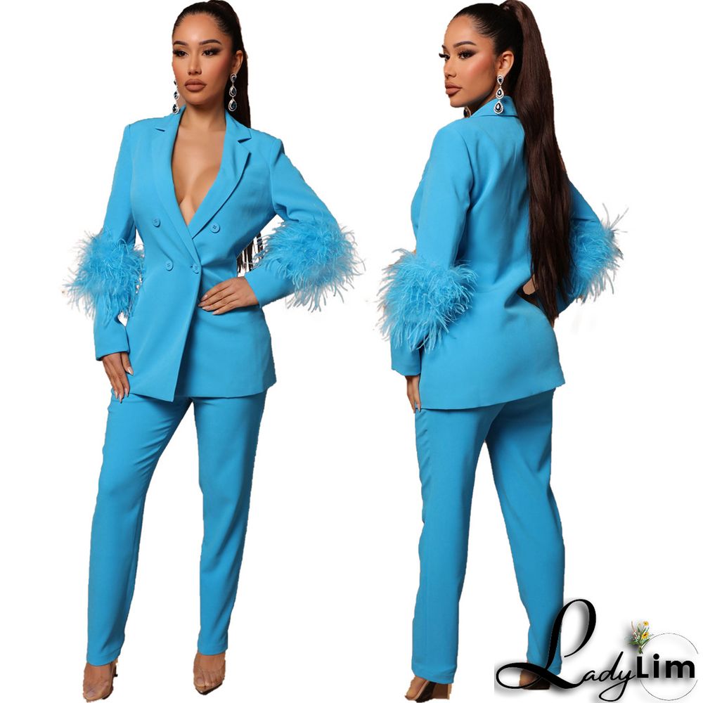 Fall Women Feather Blazer and Pant Two Piece